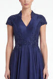 A-Line Black V-Neck Beaded Appliqued Mother Of the Bride Dress with Cap Sleeves