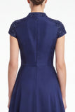 A-Line Black V-Neck Beaded Appliqued Mother Of the Bride Dress with Cap Sleeves