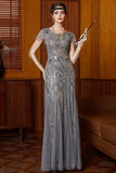 Sparkly Grey Round Neck Flutter Sleeves Sheath Long 1920s Dress with Sequins