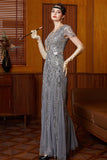 Sparkly Grey Round Neck Flutter Sleeves Sheath Long 1920s Dress with Sequins