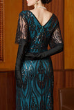 Black Blue Sequin V-Neck Half Sleeves Sheath Long 1920s Dress with Beading