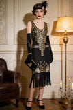 Vintage Black Gold Sequin Flapper Great Gatsby 1920s Party Dress