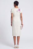 White Sheath Boat Neck Floral Embroidery Sequins Midi Work Dress with 3D Appliques
