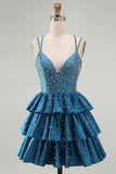 Blue A Line Pearls Tiered Ruffle Short Homecoming Dresses with Beading