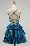 Blue A Line Pearls Tiered Ruffle Short Homecoming Dresses with Beading