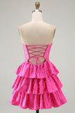 Beaded A Line Cut Out Tiered Ruffle Fuchsia Homecoming Dress with Pearls