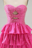 Beaded A Line Cut Out Tiered Ruffle Fuchsia Homecoming Dress with Pearls