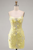 Strapless Tight Lace Pearls Sheer 3D Floral Corset Short Homecoming Dress