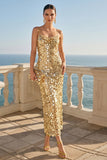Sparkly Burgundy Sequins Sheath Spaghetti Straps Midi Dress