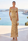Golden Sequins Off the Shoulder Floral Embroidery Mermaid Maxi Dress