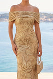 Golden Sequins Off the Shoulder Floral Embroidery Mermaid Maxi Dress