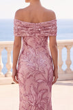 Golden Sequins Off the Shoulder Floral Embroidery Mermaid Maxi Dress