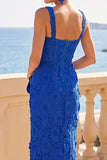 Royal Blue 3D Floral Lace Sheath Corset Maxi Dress with Slit