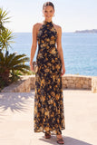 Apricot High Neck Floral Printed Sheath Maxi Dress