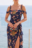 Navy Cold Shoulder Floral Maxi Dress with Ruffled Side Slit