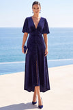 Polka Dots Navy V-Neck High‑Low Hem Midi Dress with Flutter Short Sleeves