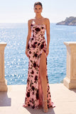 Pink Red Flower Corset Ruched Strapless Sheath Maxi Dress with Slit