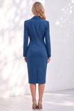 Blue Sheath Notched Lapel Ruched Midi Work Dress