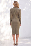 Blue Sheath Notched Lapel Ruched Midi Work Dress