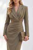 Blue Sheath Notched Lapel Ruched Midi Work Dress