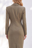 Blue Sheath Notched Lapel Ruched Midi Work Dress