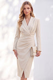 Blue Sheath Notched Lapel Ruched Midi Work Dress