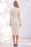 Blue Sheath Notched Lapel Ruched Midi Work Dress