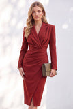 Blue Sheath Notched Lapel Ruched Midi Work Dress