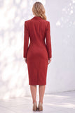 Blue Sheath Notched Lapel Ruched Midi Work Dress