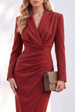 Blue Sheath Notched Lapel Ruched Midi Work Dress