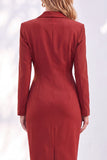 Blue Sheath Notched Lapel Ruched Midi Work Dress