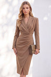 Blue Sheath Notched Lapel Ruched Midi Work Dress
