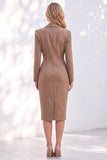 Blue Sheath Notched Lapel Ruched Midi Work Dress