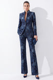 Dark Blue Floral Jacquard V-Neck Women Suits with Pockets