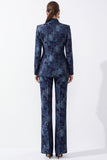 Dark Blue Floral Jacquard V-Neck Women Suits with Pockets