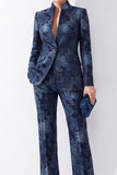 Dark Blue Floral Jacquard V-Neck Women Suits with Pockets
