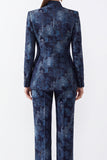 Dark Blue Floral Jacquard V-Neck Women Suits with Pockets