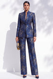 Dark Blue Floral Jacquard V-Neck Women Suits with Pockets