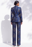 Dark Blue Floral Jacquard V-Neck Women Suits with Pockets