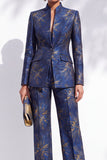 Dark Blue Floral Jacquard V-Neck Women Suits with Pockets