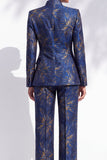 Dark Blue Floral Jacquard V-Neck Women Suits with Pockets