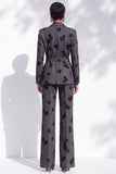 Dark Grey Floral Printed Peak Lapel 2 Piece Women Suits with Belt