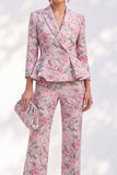 Pink Printed Peak Lapel 2 Piece Peplum 3/4 Sleeves Single Breasted Women Suits