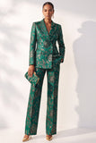 Dark Green Floral Peak Lapel Jacquard Double Breasted Women Suits with Pockets