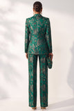Dark Green Printed Peak Lapel Jacquard Double‑Breasted Women Suits with Pockets