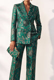 Dark Green Floral Peak Lapel Jacquard Double Breasted Women Suits with Pockets