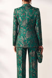 Dark Green Floral Peak Lapel Jacquard Double Breasted Women Suits with Pockets