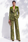 Olive Jacquard Peak Lapel 2 Piece Women Suits with Button