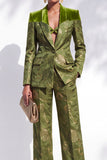 Olive Jacquard Peak Lapel 2 Piece Women Suits with Button