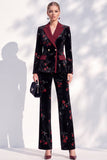 Black Red Floral Velvet Peak Lapel Long Sleeves Women Suits